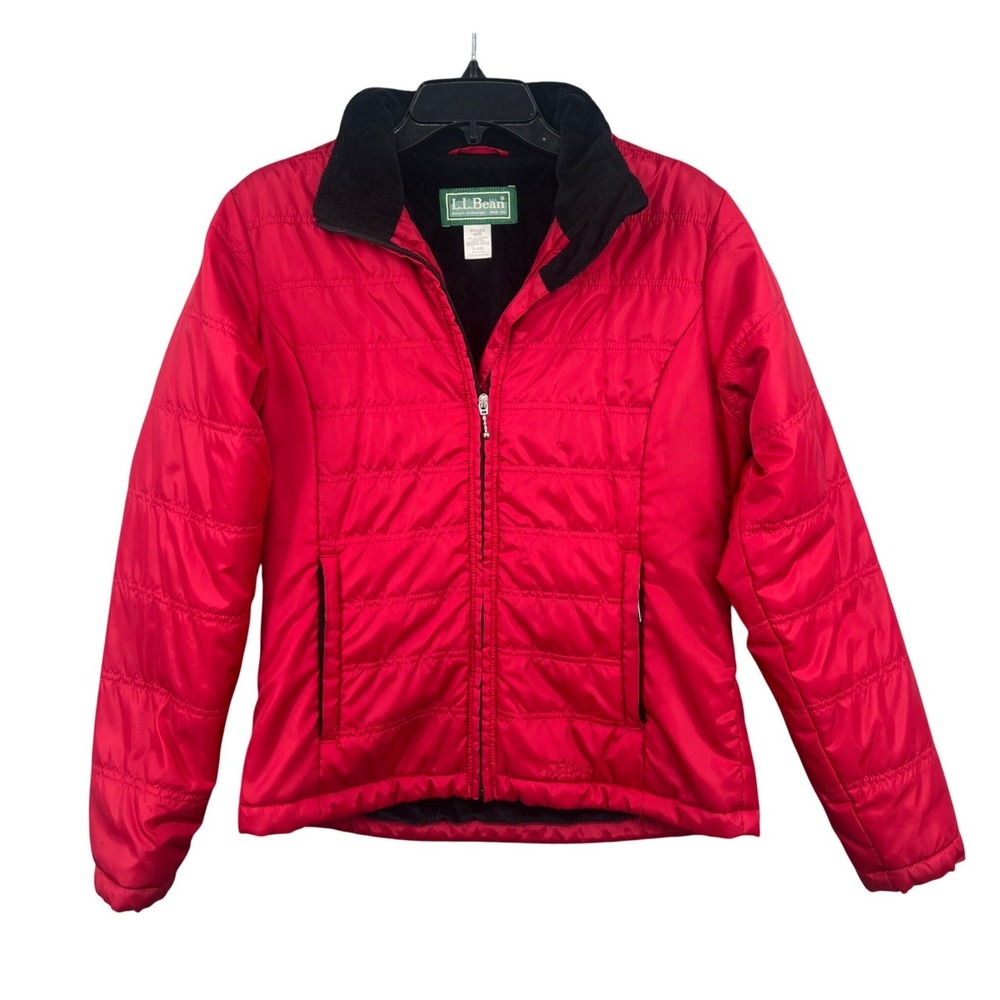 L.L. Bean Quilted Puffer Jacket Womens M Red Fleece Lined Full Zip Preppy